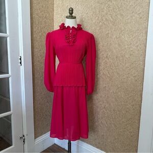 VTG 80s Retro Magenta Pink Ruffle Collar Pleated Skirt Set